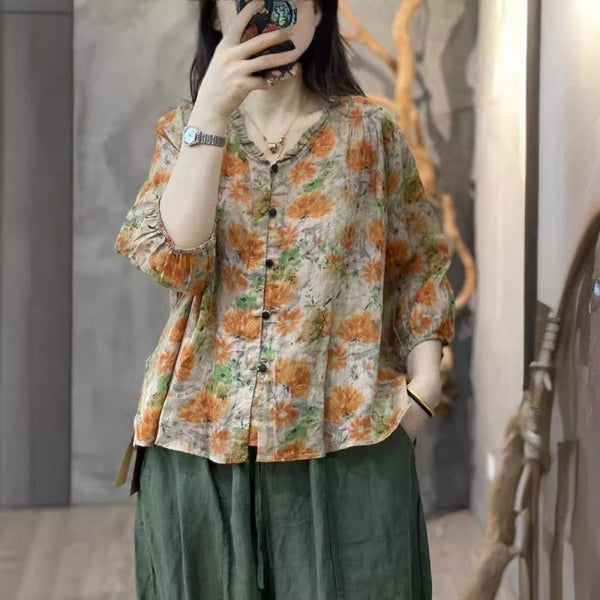 Wooden Ear Cotton And Linen Shirt Casual Collar Top