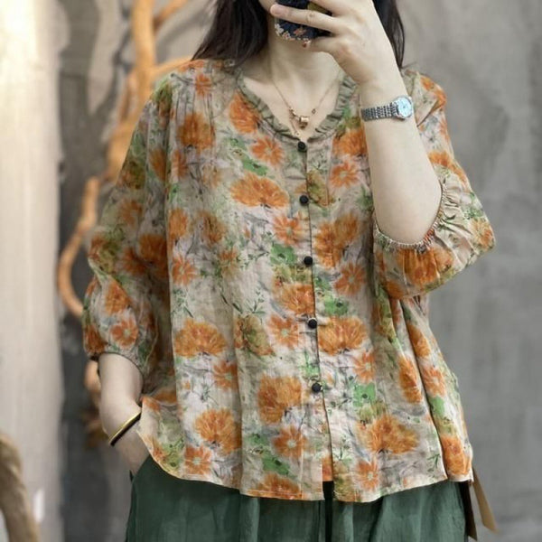 Wooden Ear Cotton And Linen Shirt Casual Collar Top